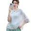 2025 Rời Thêu Vải Lanh Cotton Top Quần Áo Nữ Văn Học Nút Phong Cách Dân Tộc Màu Sắc Tương Phản Ba Phần Tư Tay Áo Thun 5.26