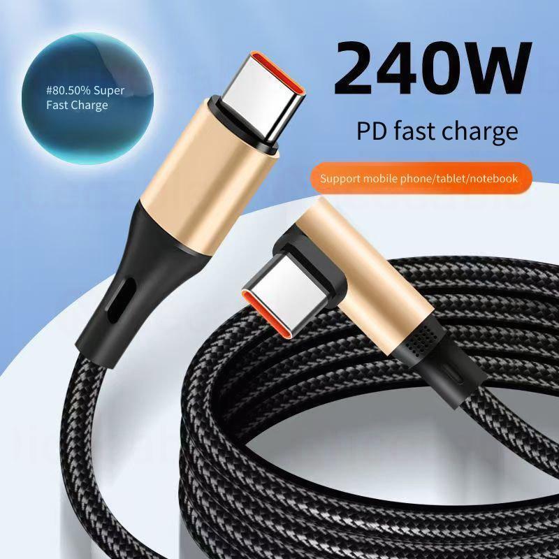 Cáp dữ liệu sạc 240W 90° thiết kế khuỷu tay, truyền nhanh, chip đánh dấu điện tử kép Type-C, tương thích rộng