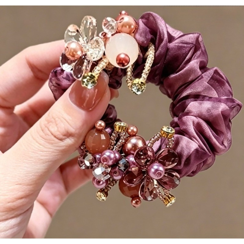 MAUROPOLI Phong Cách Mới Pha Lê Hoa Sợi Lụa Dây Buộc Tóc Ngọc Trai Cao Cấp Thắt Tóc Đuôi Ngựa Bóng Đầu Dây