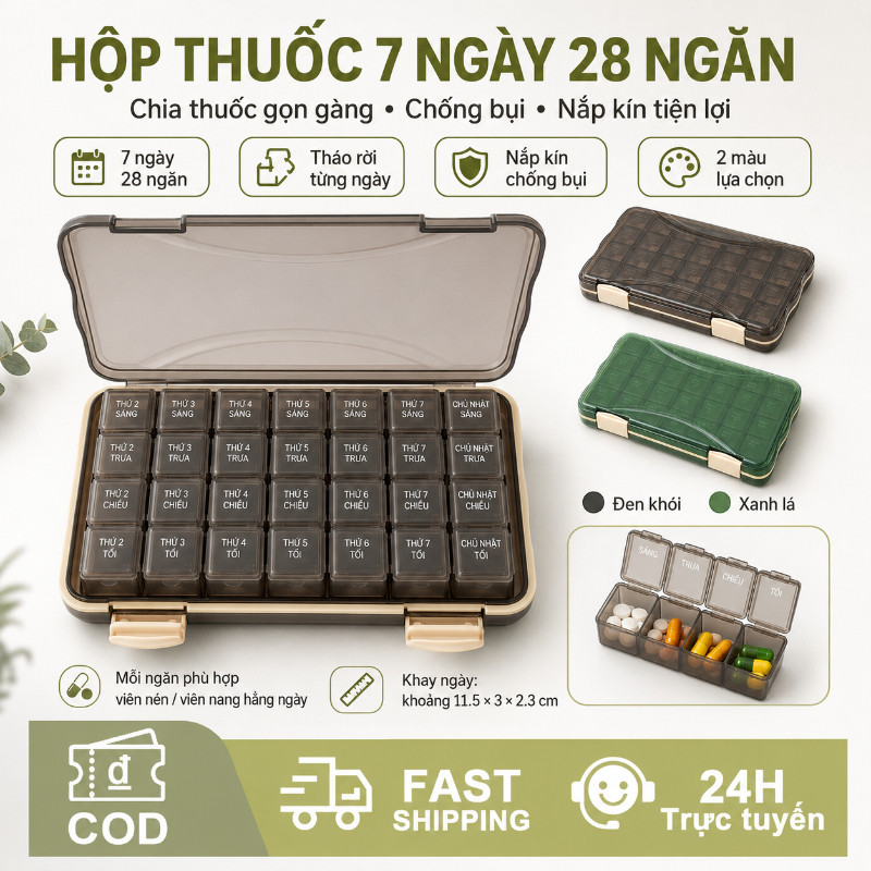 Hộp lưu trữ thuốc theo tuần 28 ngăn tiếng Việt khay chia thuốc trong suốt tiện chăm sóc sức khỏe