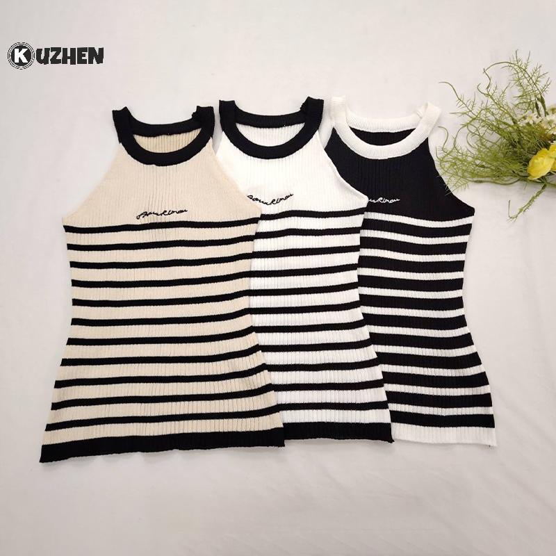 KUZHEN Sọc Áo Vest Nữ Không Tay Tròn Ne Casaul Kỳ Nghỉ Mùa Hè Vỏ Sang Trọng Áo HOT