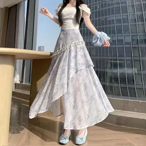 Váy có viền không đều phong cách Retro Mori dành cho nữ mùa hè Phong cách kỳ nghỉ xẻ hoa Váy chữ A dài vừa phải