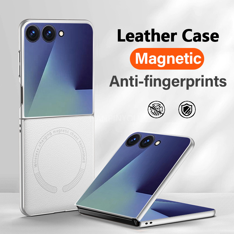 Ốp Da Thật Chính Hãng Hạt Litchi Siêu Mỏng Cho Samsung Galaxy Z Flip 7 6 5 4 Từ Matte Chống Vân Tay Vỏ Cứng