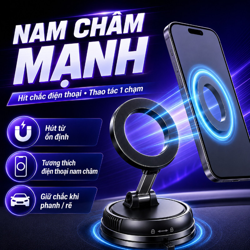 Giá Đỡ Điện Thoại - Từ Tính 360°, Chân Không Hút Mạnh, Gập 180° Tiết Kiệm Không Gian