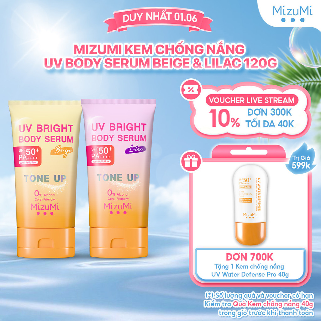 Kem chống nắng nâng tone MizuMi UV Bright Body Serum Tone Up Beige/ Lilac 120 ml