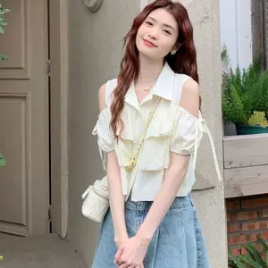 2026 Pháp Off-the-Shoulder Áo Sơ Mi Mùa Hè Niche Thiết Kế Giảm Tuổi Ôm Hơn Nhìn Phù Hợp Với Tính Khí