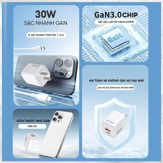 Củ sạc nhanh SHIRA 30W, Công nghệ sạc nhanh, Đầu sạc A+C, tiện dụng, nhỏ gọn, tiện lợi
