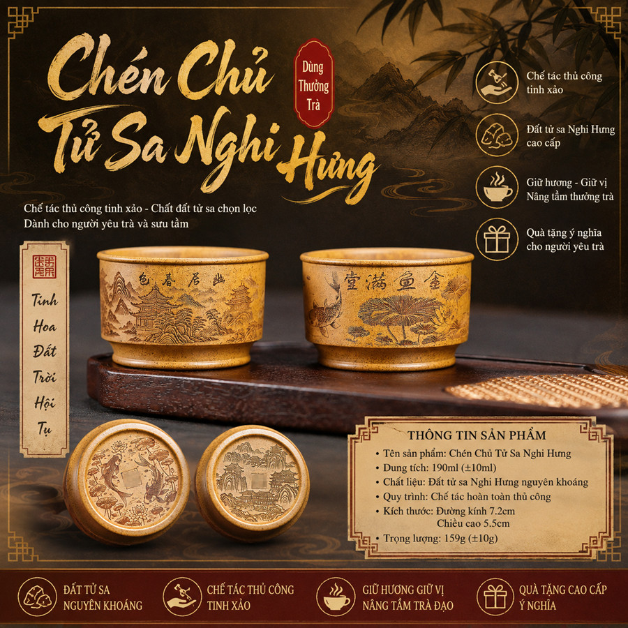 CHÉN CHỦ TỬ SA NGHI HƯNG THỦ CÔNG KHẮC CẢNH SƠN THỦY – THƯỞNG TRÀ CAO CẤP