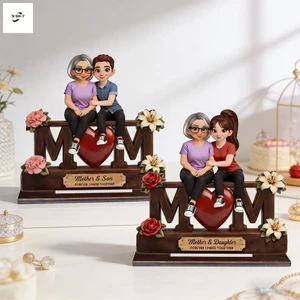 Đồ trang trí mẹ và con bằng gỗ - Trang trí máy tính để bàn hình tình yêu MOM cho ngày của mẹ