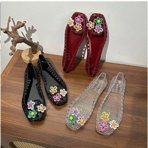 Giày nhựa trong suốt nữ đế bệt, mũi vuông, quai hậu tháo rời, phong cách DIY, phù hợp phong cách thạch