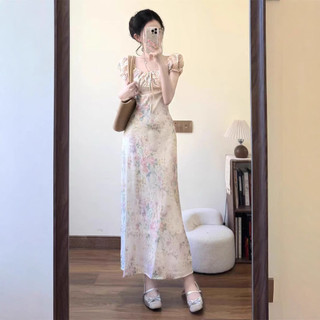 Váy dài thêu hoa phong cách Pháp mùa hè dành cho nữ, tay phồng, ôm dáng, thanh lịch