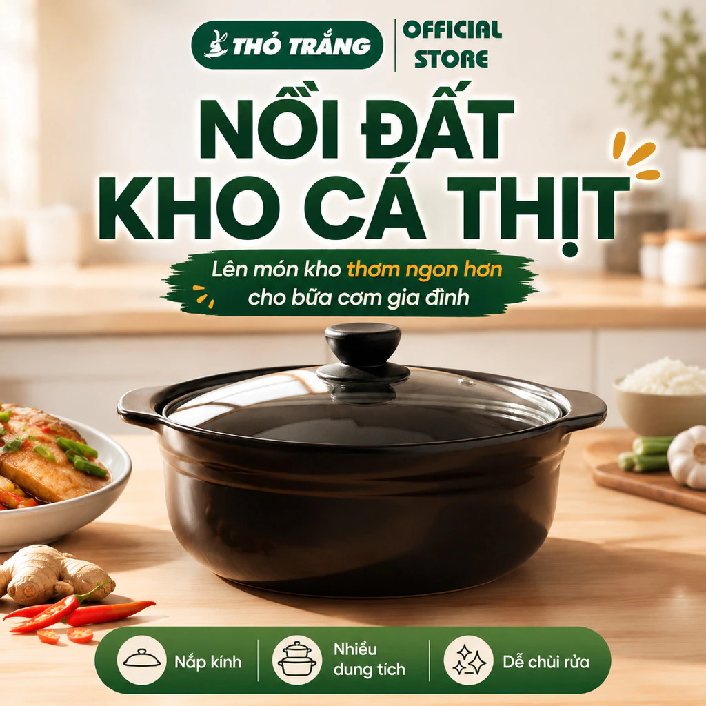 Nồi đất sứ tráng men cao cấp nắp kính kho thịt, kho cá 0.5L 1L, 1.5L, 2L