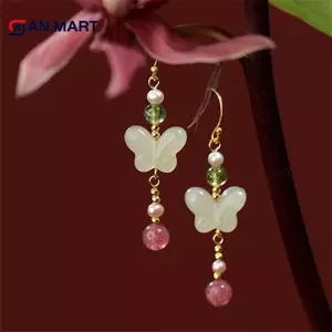 AN.MART Phong Cách Trung Hoa Handmade Bướm Tòn Ten Bông Tai Nữ Bé Gái Màu Vàng Dài Kim Loại Móc Tai Bông Tai VN