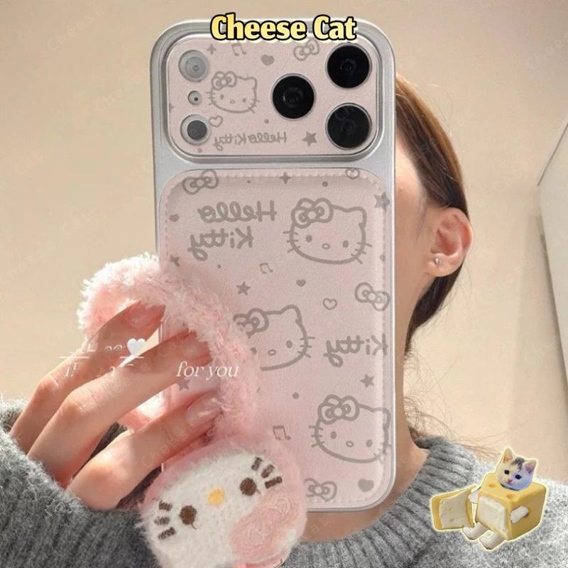 Ốp điện thoại dây nhung + da Kitty màu hồng cho iPhone 17 Pro Max lớp nền cho iPhone 16 15 14 13 12 11 XR Xs