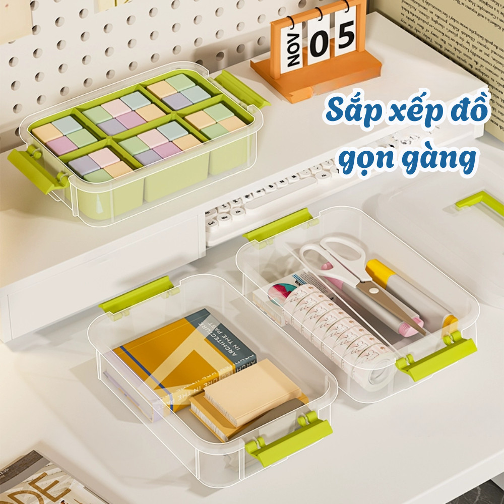 Combo 4 Hộp Nhựa Trong Suốt Có Nắp Đậy HomeMate Đựng Đồ Chơi, Mỹ Phẩm, Đồ Cá Nhân Kèm Quai Xách Tiện Lợi