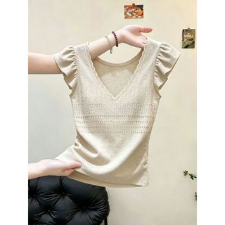 [Hàng mới về] Size lớn MM Retro Màu cà phê thanh lịch cổ chữ v Áo len bay rỗng, Áo len mùa hè phong cách mới sang trọng phù hợp