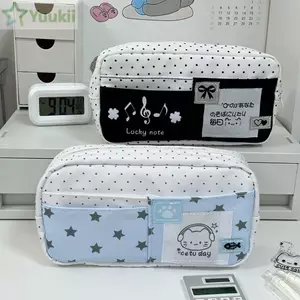 Túi đựng bút YUUKII, Bút chì dung lượng lớn chấm bi, Túi đựng văn phòng phẩm nhiều lớp cầm tay Kawaii Đồ dùng học tập
