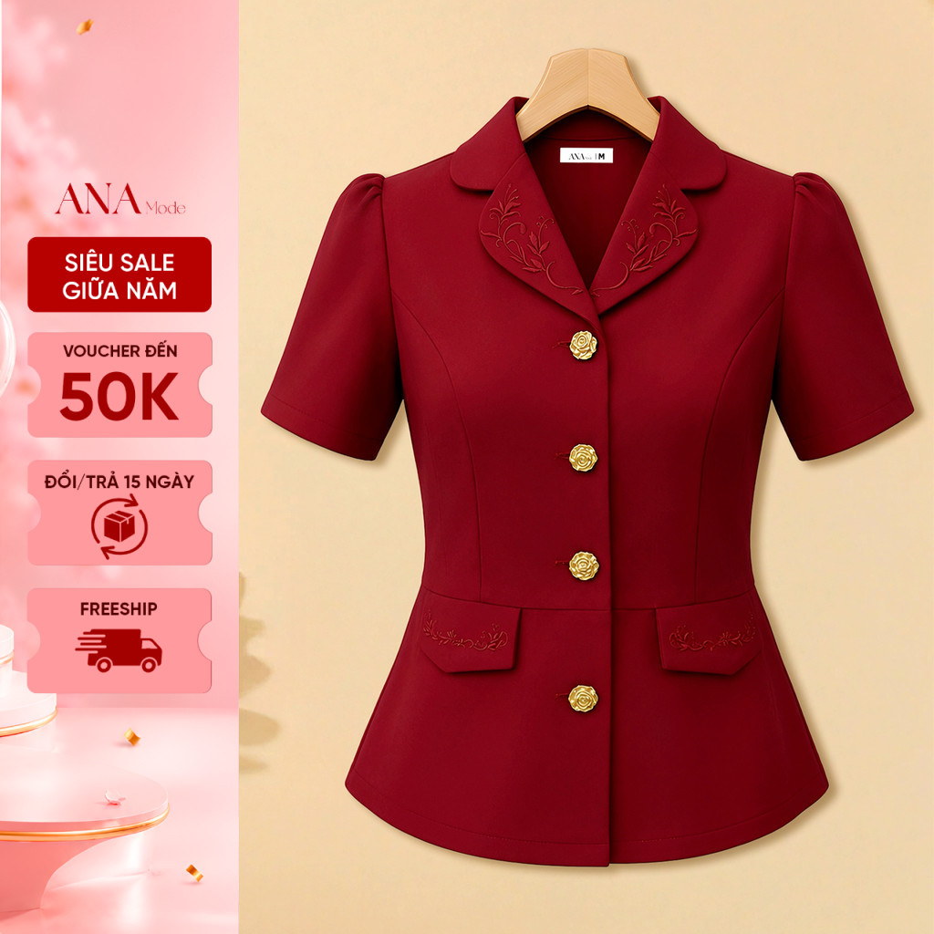 Áo Kiểu Thêu Hoa Trung Niên ANA Mode Chất Liệu Cotton Lạnh Thanh Lịch Đi Tiệc Quà Tặng Mẹ AK25CHK01