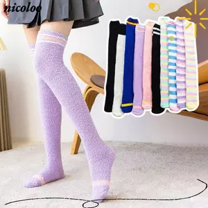 Vớ sọc NICOLOO, Tất dài ống qua đầu gối thoải mái, Vớ dài đến đầu gối nhung san hô ấm áp mềm mại dành cho nữ mùa đông