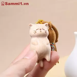 ZK Retro Gỗ Tay Khắc Mèo Móc Khóa Dễ Thương Túi Kitty Mặt Dây Chuyền Cho Nữ Quà Tặng VN