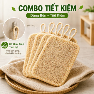 Combo 5 Miếng Rửa Chén Bằng Xơ Mướp Tự Nhiên, Miếng Cọ Rửa Bát Đĩa Sạch Dầu Mỡ, Không Trầy Xước
