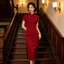 WHX [Sườn xám dài vừa phải] Đầm mỏng kiểu dáng sườn xám dài họa tiết xương cá Sườn xám cổ điển