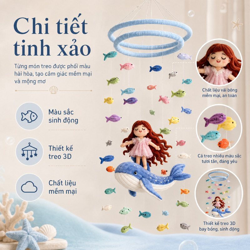Bộ DIY chuông gió cá voi đại dương len bông treo cửa sổ decor phòng handmade kèm hướng dẫn