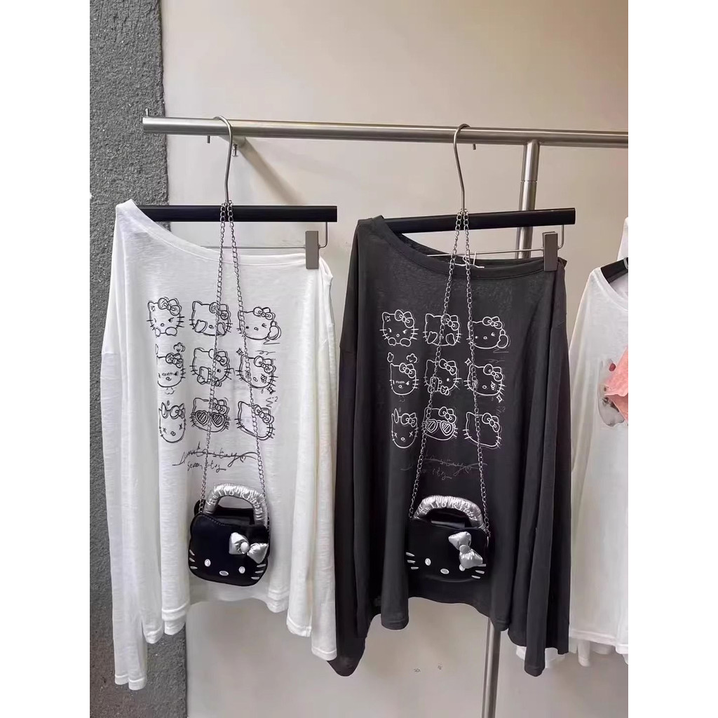 Milyfashion Loose Size Lớn Kem Chống Nắng Mùa Hè Phong Cách Mới Hoạt Hình Mèo kitty In Mỏng Đeo Vai Dài Tay T Quần Áo Nữ 59D2
