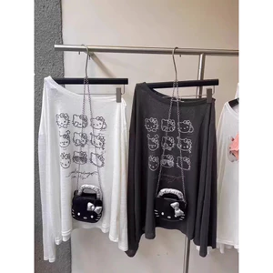 Milyfashion Loose Size Lớn Kem Chống Nắng Mùa Hè Phong Cách Mới Hoạt Hình Mèo kitty In Mỏng Đeo Vai Dài Tay T Quần Áo Nữ 59D2