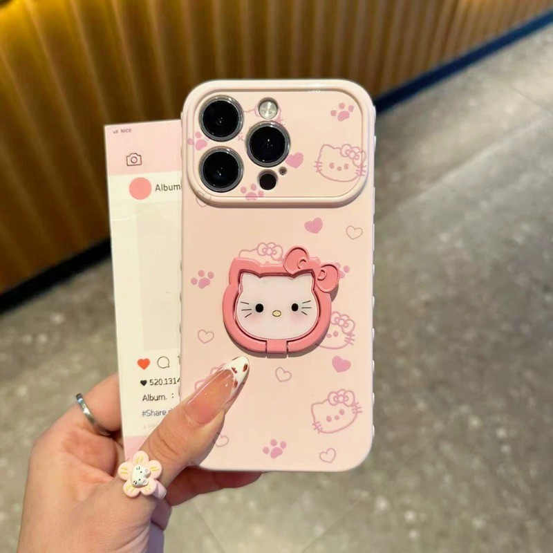 Vỏ điện thoại iPhone giá đỡ ba chiều Hello Kitty Vỏ cao su mềm mặt trái iPhone - 11/12/13/14/15/16/17/Plus/Air/Pro/Max
