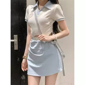 Preppy Style POLO Màu tương phản Tay ngắn T + Ôm hơn Váy lưng cao Váy khâu thường ngày