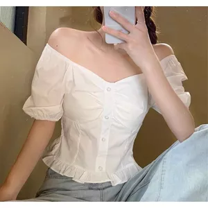 Áo sơ mi ngắn tay phồng cổ vuông béo mm dành cho nữ Mùa hè Phong cách mới kiểu Pháp cỡ lớn ôm sát hơn Áo ngắn bụng