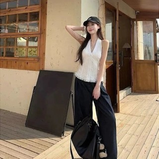 [Luni-oder] Áo Yếm Cổ Dây Màu Trắng, Áo Kiểu Nữ Sát Nách Phối Ren Bèo Dáng Ôm Đi Chơi Mùa Hè