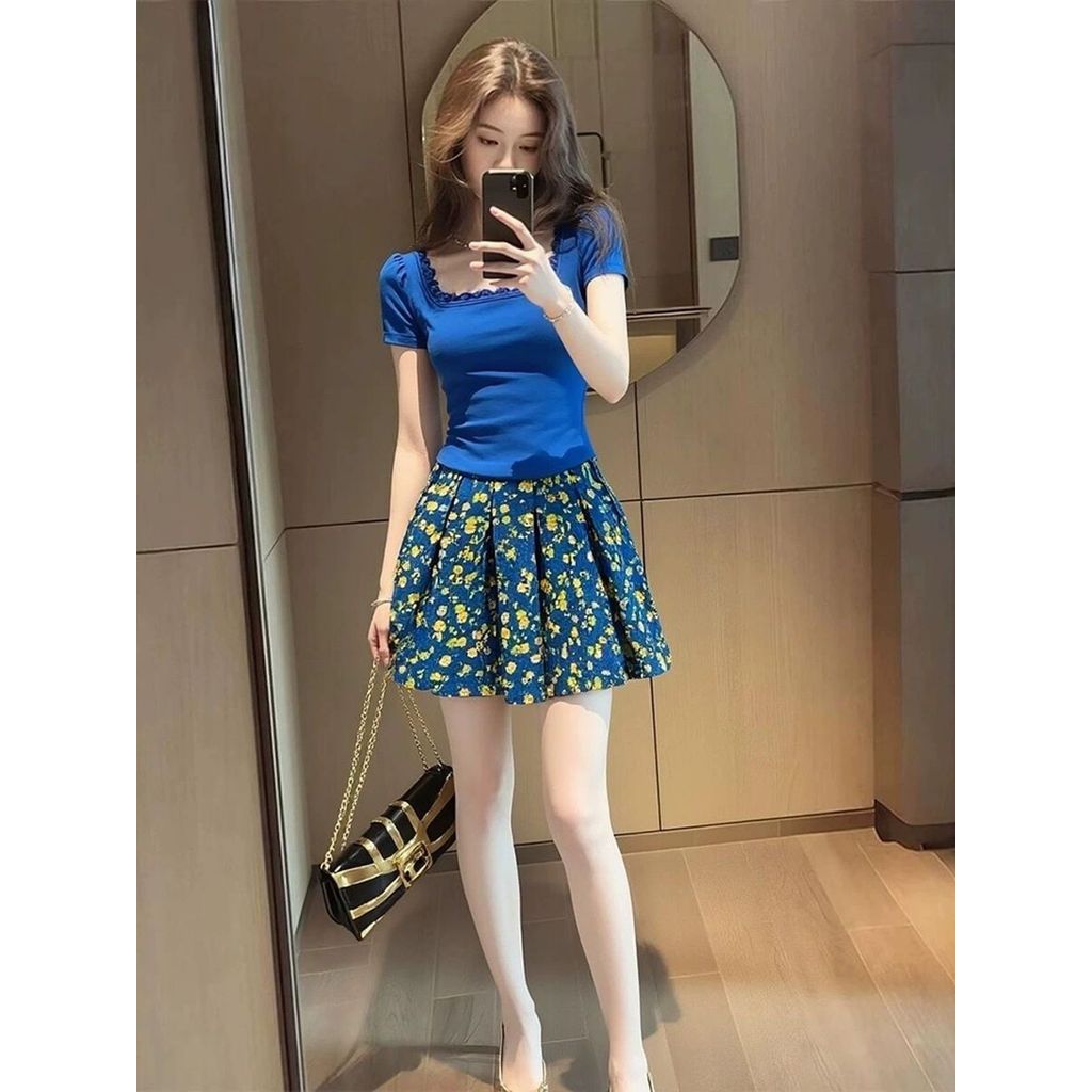 Klein Blue One Whole Set Pháp Retro Cổ Hẹp Top Nữ Cổ Vuông Áo Sơ Mi Nhỏ + Váy Hoa Phù Hợp Với Nữ