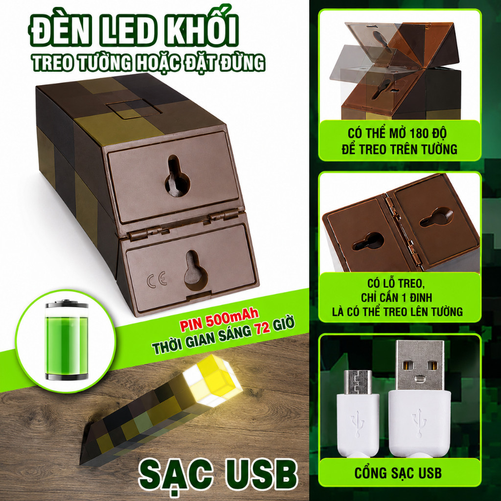 Đèn ngủ nhỏ phong cách Minecraft – Đèn đuốc sạc pin, 4 màu tuỳ chỉnh, đèn treo tường trang trí phòng ngủ, pin siêu trâu