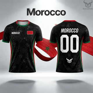 Áo bóng đá in cờ Maroc Mùa hè Có thể tùy chỉnh Số tên Cổ chữ O Tay ngắn Nam Nữ Trẻ em Áo thun bóng đá khô nhanh