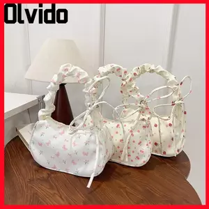 Túi đeo nách xếp ly OLVIDO, Túi đeo vai hoa Nylon, Dây kéo nhẹ ngọt ngào Túi xách nữ sức chứa lớn Bé gái