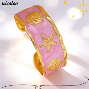 Vòng tay tráng men NICOLOO, Vòng tay mở vỏ sao biển bằng thép không gỉ, Lớp phủ tráng men đa năng Vòng tay màu vàng không phai màu cho nữ