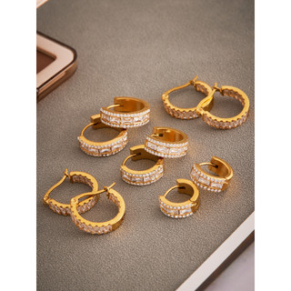 Bông tai vòng Zircon lát hoàn toàn18K Thép không gỉ mạ vàng thật Bling Trang sức thời trang dành cho nữ