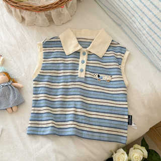 Áo Sơ Mi POLO Sọc Bé Gái Thời Trang Trẻ Em Hoạt Hình Ve Áo Dễ Thương Không Tay Top
