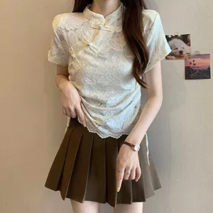 Mới Phong Cách Trung Quốc Phong Cách Quốc Gia Nút Đĩa Áo Thun Nữ Tay Ngắn Thiết Kế Mùa Hè Niche Slim-Fit Slimer Nhìn Áo Sơ Mi Ren