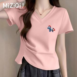 [MIZIQI] Áo thun ngắn tay cổ chữ v Cotton nguyên chất dành cho nữ, Áo ngắn có khe hở viền không đều