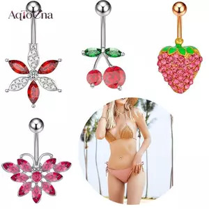 AqToCna Thời Trang Zircon Dâu Anh Đào Hoa Bụng Nút Nhẫn Trang Sức Cơ Thể Trang Trí Cho Nữ AqToCna