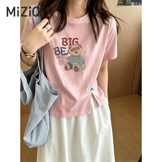 [Miziqi] Áo thun ngắn tay in hình gấu dành cho nữ mùa hè cổ tròn viền cắt ngắn