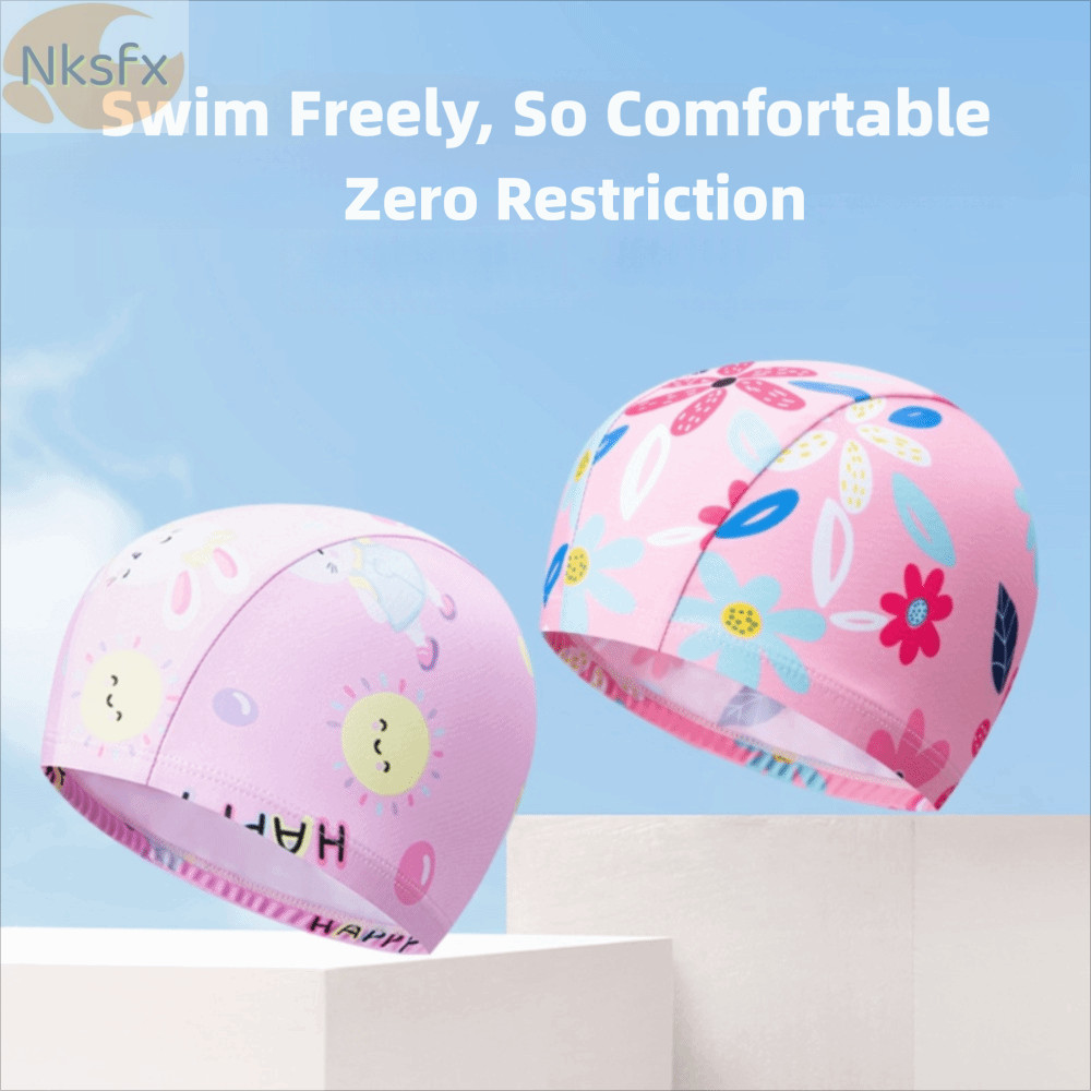 Mũ bơi NKSFX, Mũ bơi in hình hoạt hình chống nước, Mũ bơi trẻ em bằng vải Polyester có độ đàn hồi cao thoải mái Thể thao dưới nước