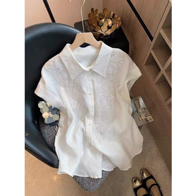 [Hàng mới về] Áo sơ mi ngắn tay thêu Sequin công nghiệp cao cấp kiểu Pháp dành cho nữ mùa hè Phong cách dịu dàng Ngọt ngào Tính khí