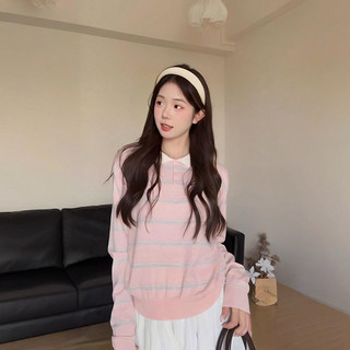 Áo len dài tay cổ bẻ phong cách retro dành cho nữ, kiểu dáng thanh lịch, kẻ sọc.