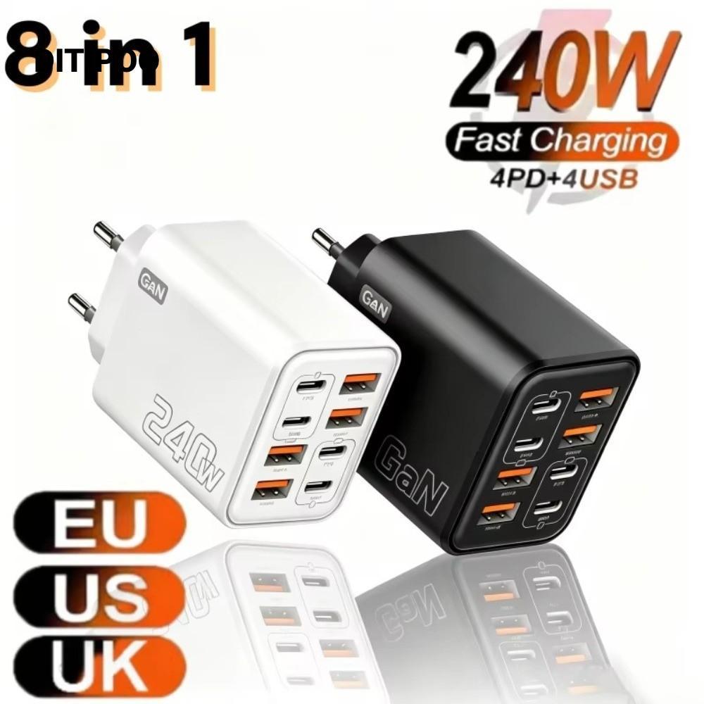 Phích cắm sạc GaN DITIPOO 240W, Bộ sạc điện thoại PD QC3.0 8 cổng, Bộ sạc USB C nhanh đa năng 4USB + 4PD EU / US / UK cho Huawei / /