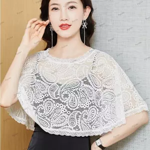 Khăn choàng ren hoa PYCOU, Áo choàng cô dâu màu trắng mỏng, chống nắng thoáng khí rỗng móc hoa Poncho