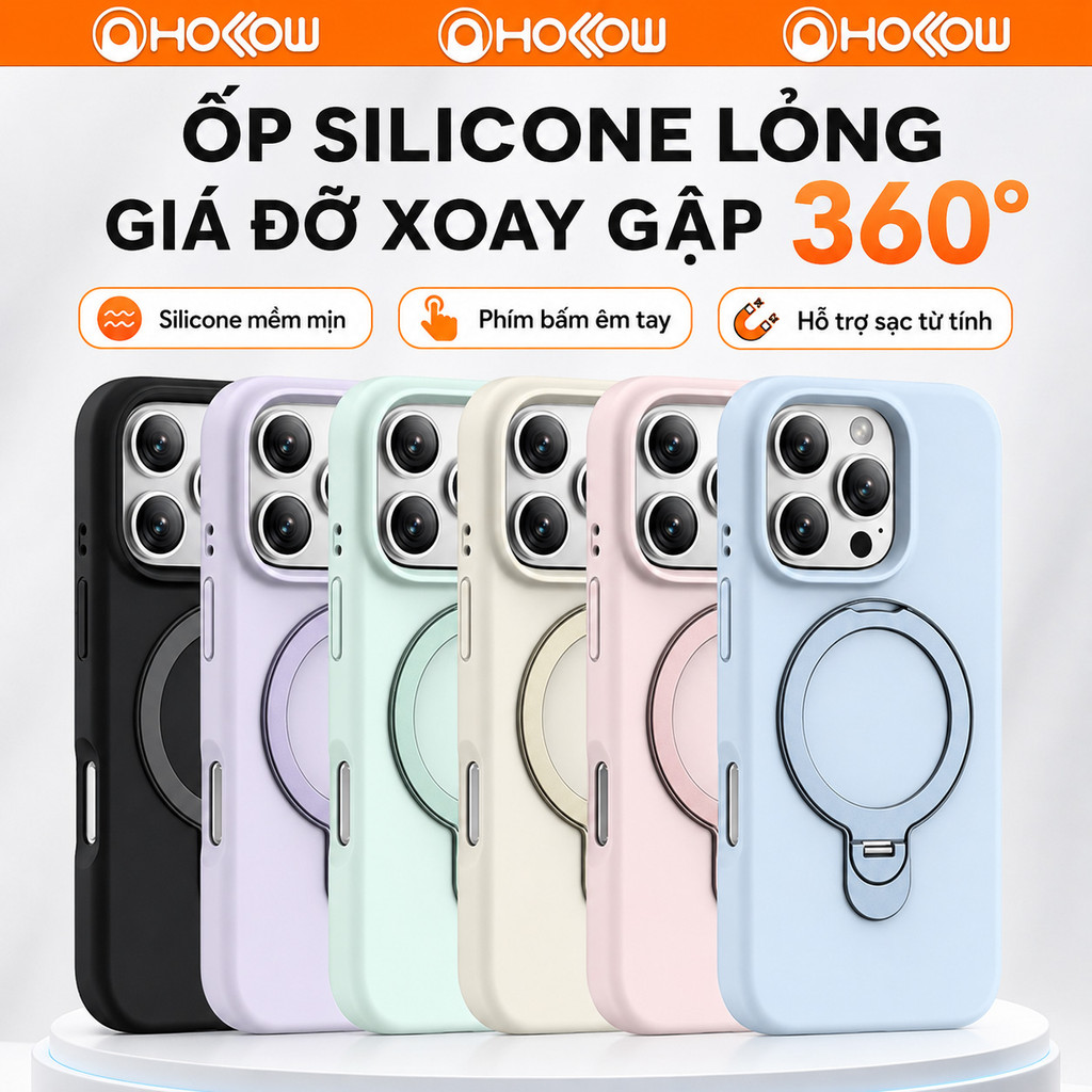 Ốp lưng iPhone silicone lỏng chống sốc tích hợp giá đỡ xoay 360° sạc từ tính cho iPhone 12 13 14 15 16 Pro Max Plus